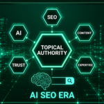 AI SEO topical authority diagram with connected SEO, trust, content, and expertise icons.