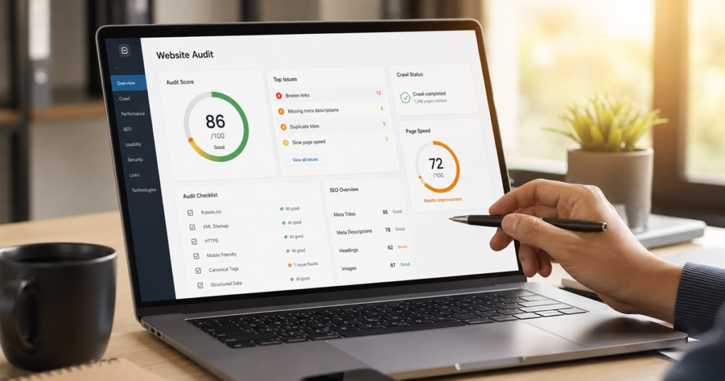 Laptop displaying a website audit dashboard with SEO and performance scores.