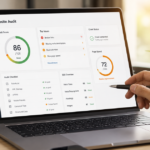 Laptop displaying a website audit dashboard with SEO and performance scores.