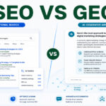 SEO vs GEO comparison infographic showing traditional search results and AI-generated answers.
