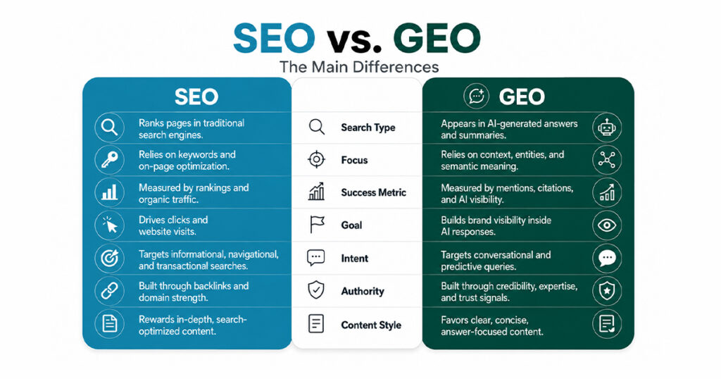 SEO vs GEO comparison infographic showing key differences in search type, focus, metrics, goals, intent, authority, and content style.