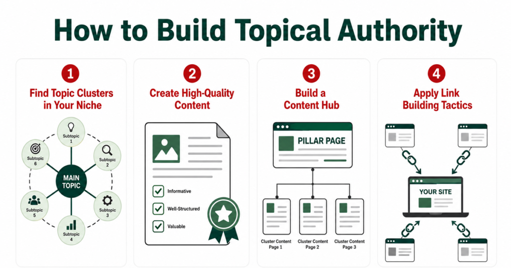 Infographic showing four steps to build topical authority with SEO diagrams.