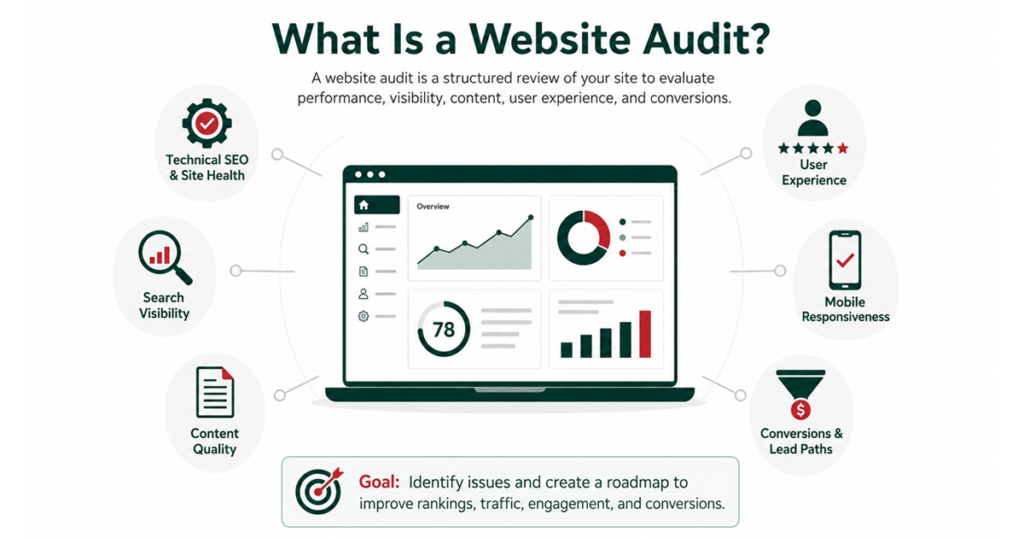 Infographic explaining key website audit areas like SEO, content, UX, mobile, and conversions.