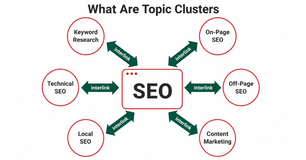 Topic cluster SEO diagram with interlinked SEO categories around a central hub.
