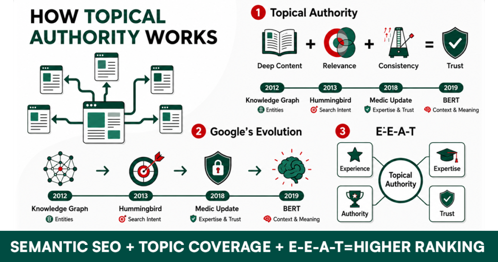 Infographic explaining how topical authority works with SEO evolution and E-E-A-T.