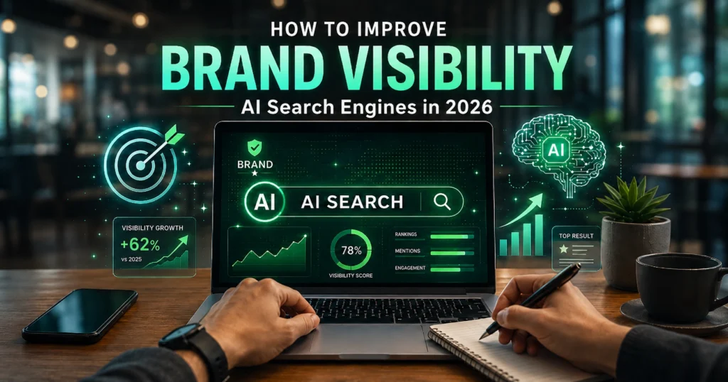 AI search dashboard on a laptop showing brand visibility growth in 2026.