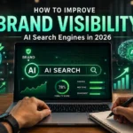 AI search dashboard on a laptop showing brand visibility growth in 2026.