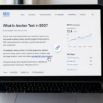 Laptop displaying an SEO anchor text article and performance dashboard.