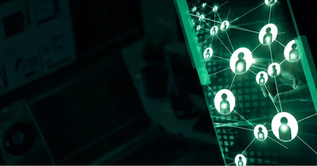 Featured Image.webp: Green digital network graphic showing connected user icons on a dark technology background.
