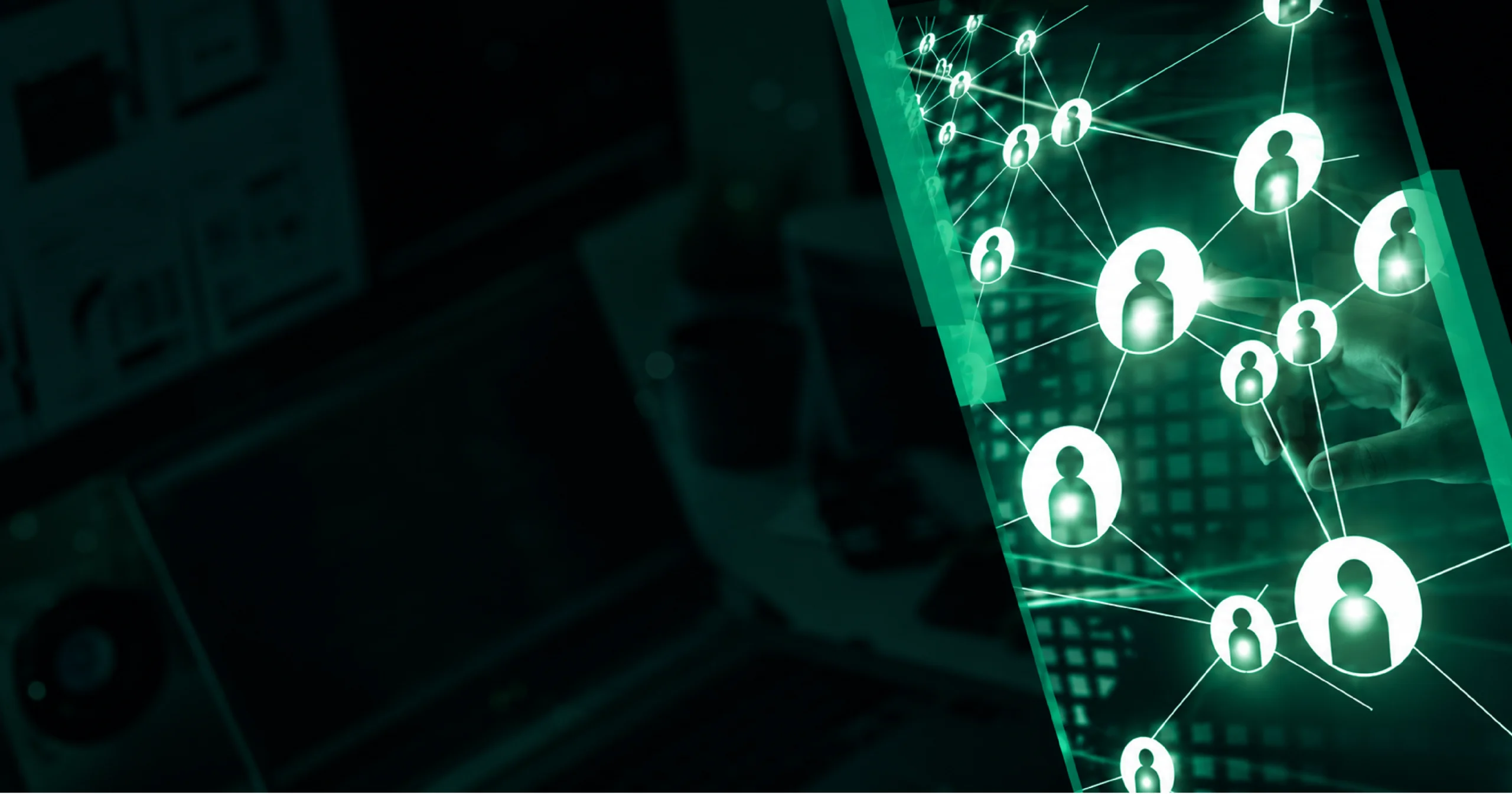 Featured Image.webp: Green digital network graphic showing connected user icons on a dark technology background.