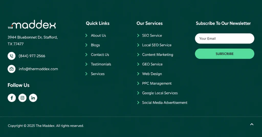 Website footer displaying quick links, services, contact details, and a newsletter form.