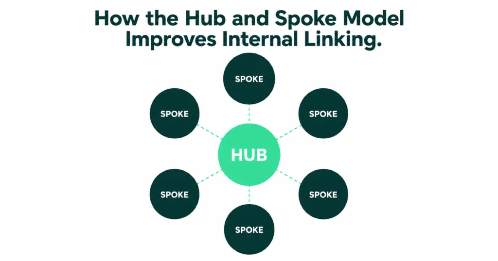 Hub-and-spoke diagram showing a central hub connected to six surrounding spoke pages.