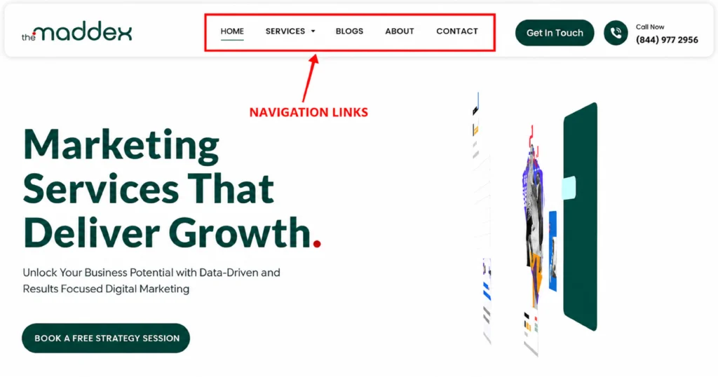 Website homepage with the main navigation menu highlighted in red.