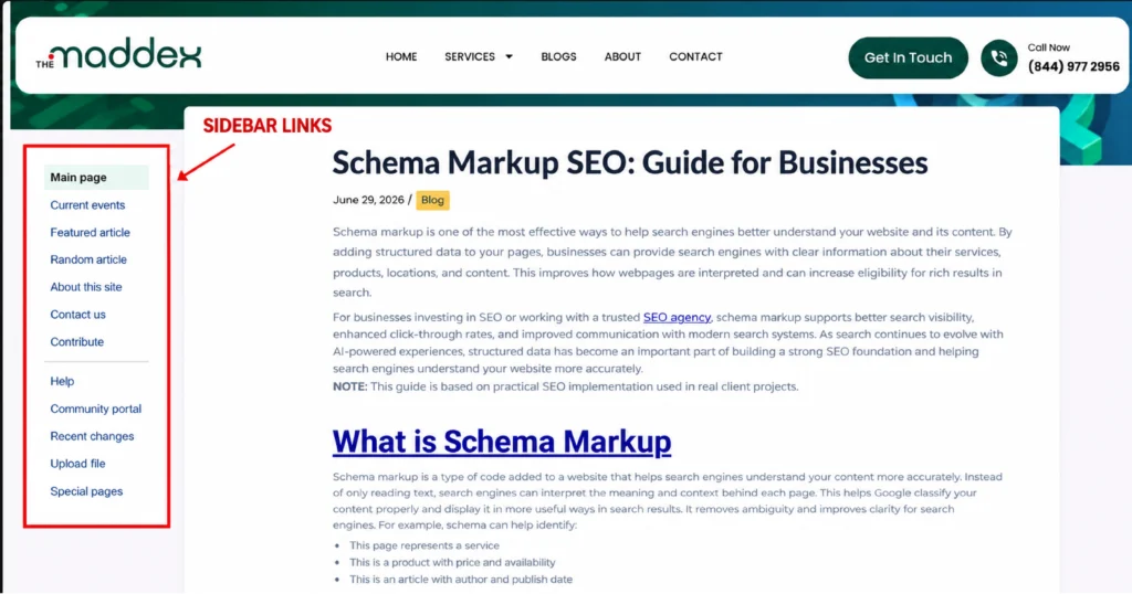 Blog page with a left sidebar menu highlighted as sidebar links.