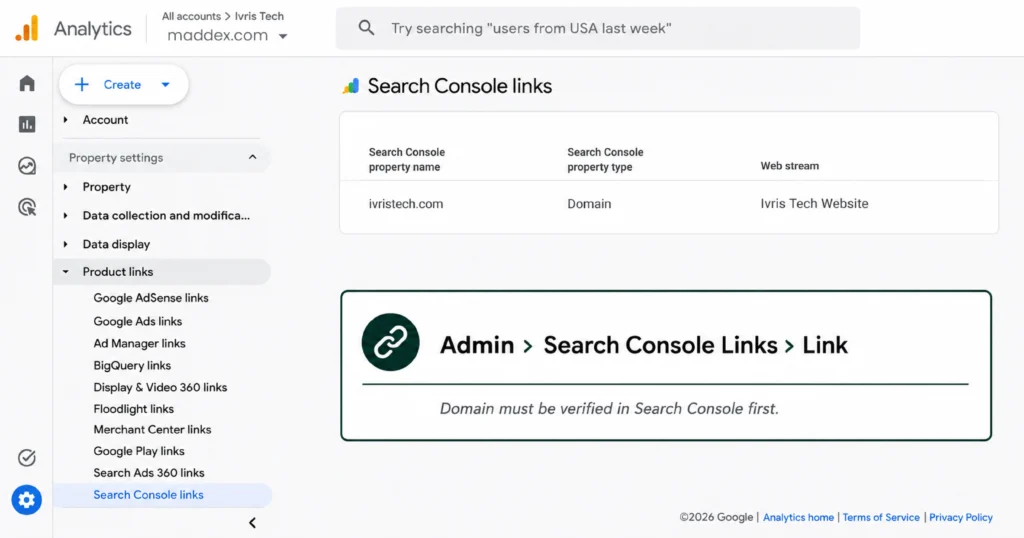 Google Analytics Search Console links page with instructions for linking a verified domain