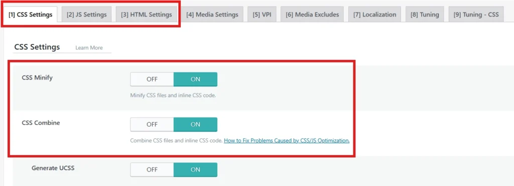 CSS settings panel with minify and combine options enabled.