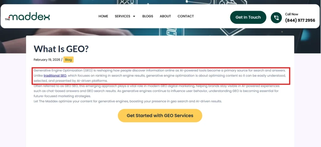 The Maddex blog page explaining Generative Engine Optimization with key text highlighted.