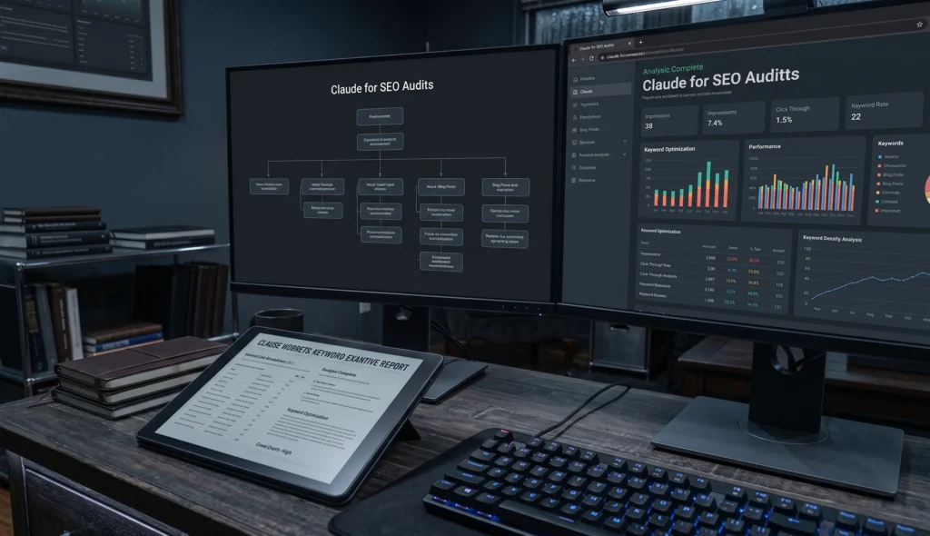 Dual computer monitors and a tablet displaying SEO audit analytics.