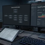 Dual computer monitors and a tablet displaying SEO audit analytics.