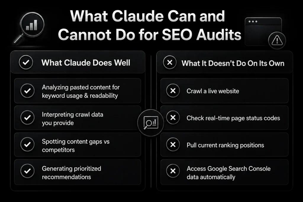 Graphic comparing Claude's capabilities and limitations for SEO audits.