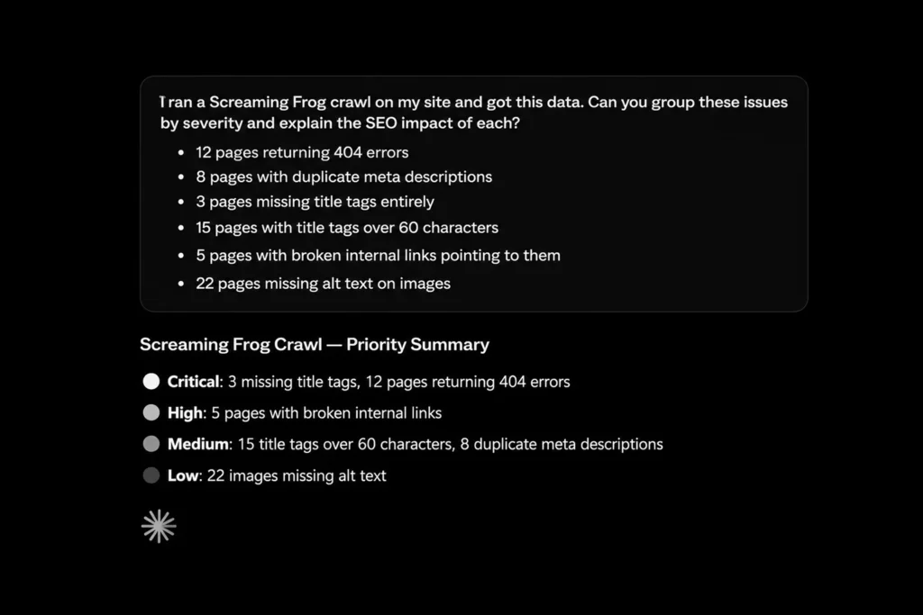 Prompt and AI summary categorizing Screaming Frog crawl errors.