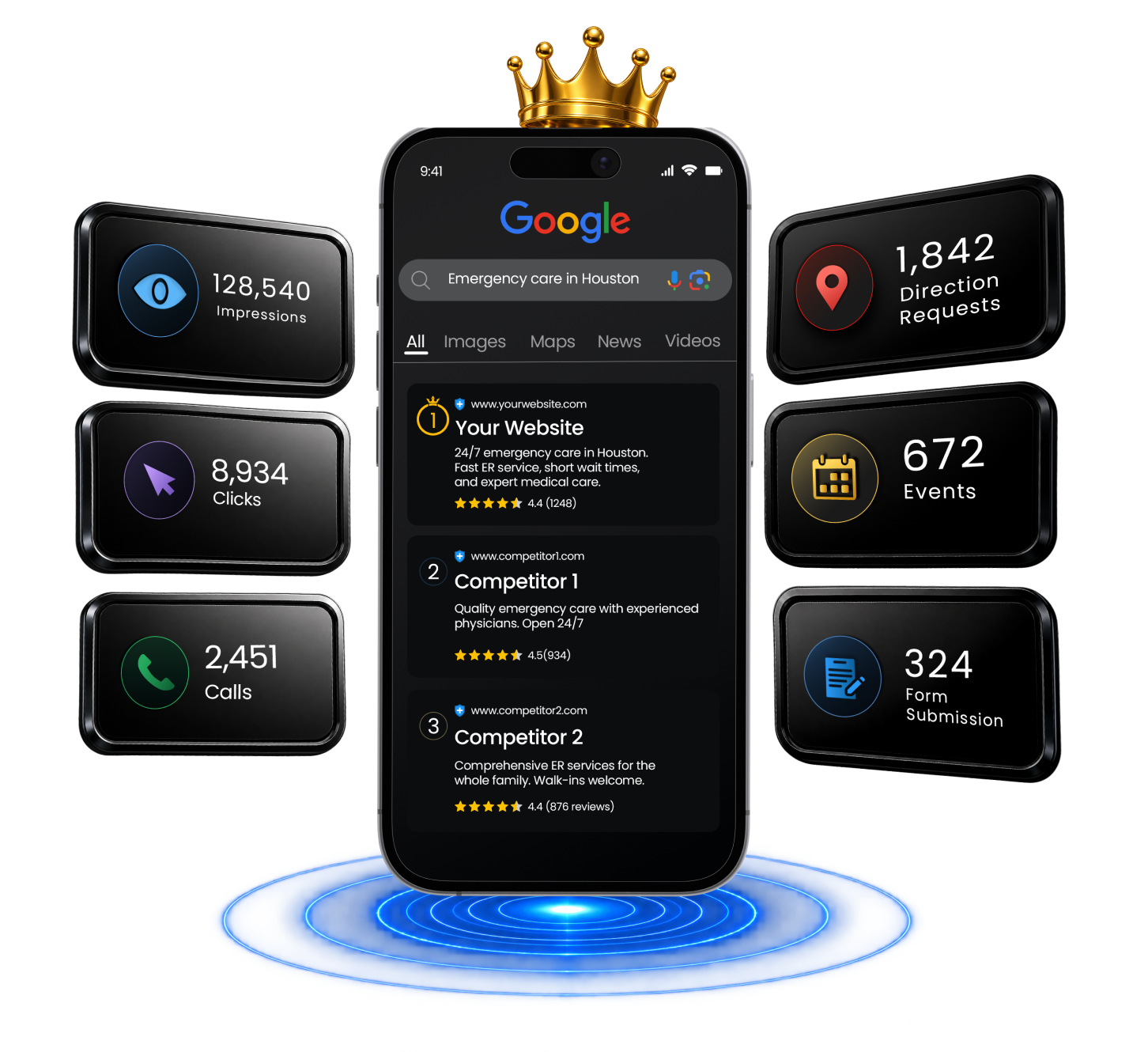 Crowned smartphone displaying top Google ranking surrounded by SEO performance metrics.