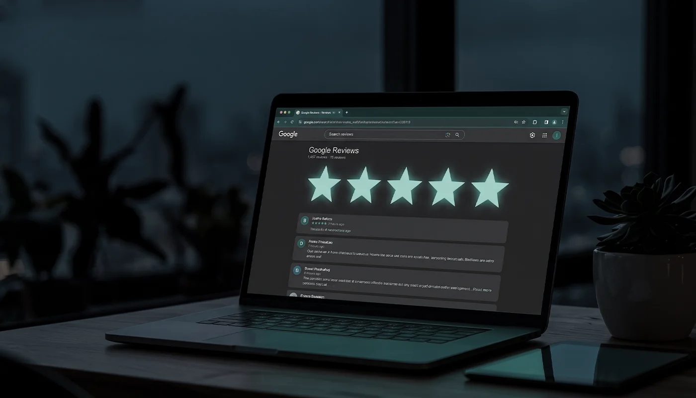 Laptop on a dark desk displaying glowing cyan Google reviews.