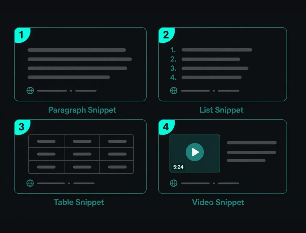 Four types of featured snippets including video and table.